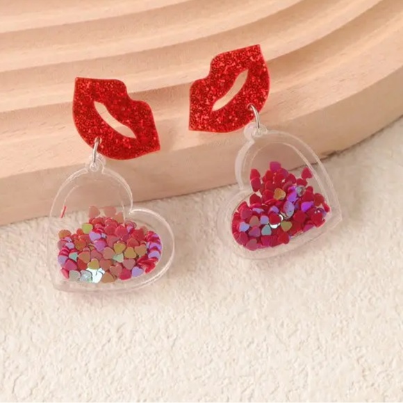 Red Glitter Hot Lips with Dangle Hearts Earrings Love Punk Teen Rock - Picture 3 of 4
